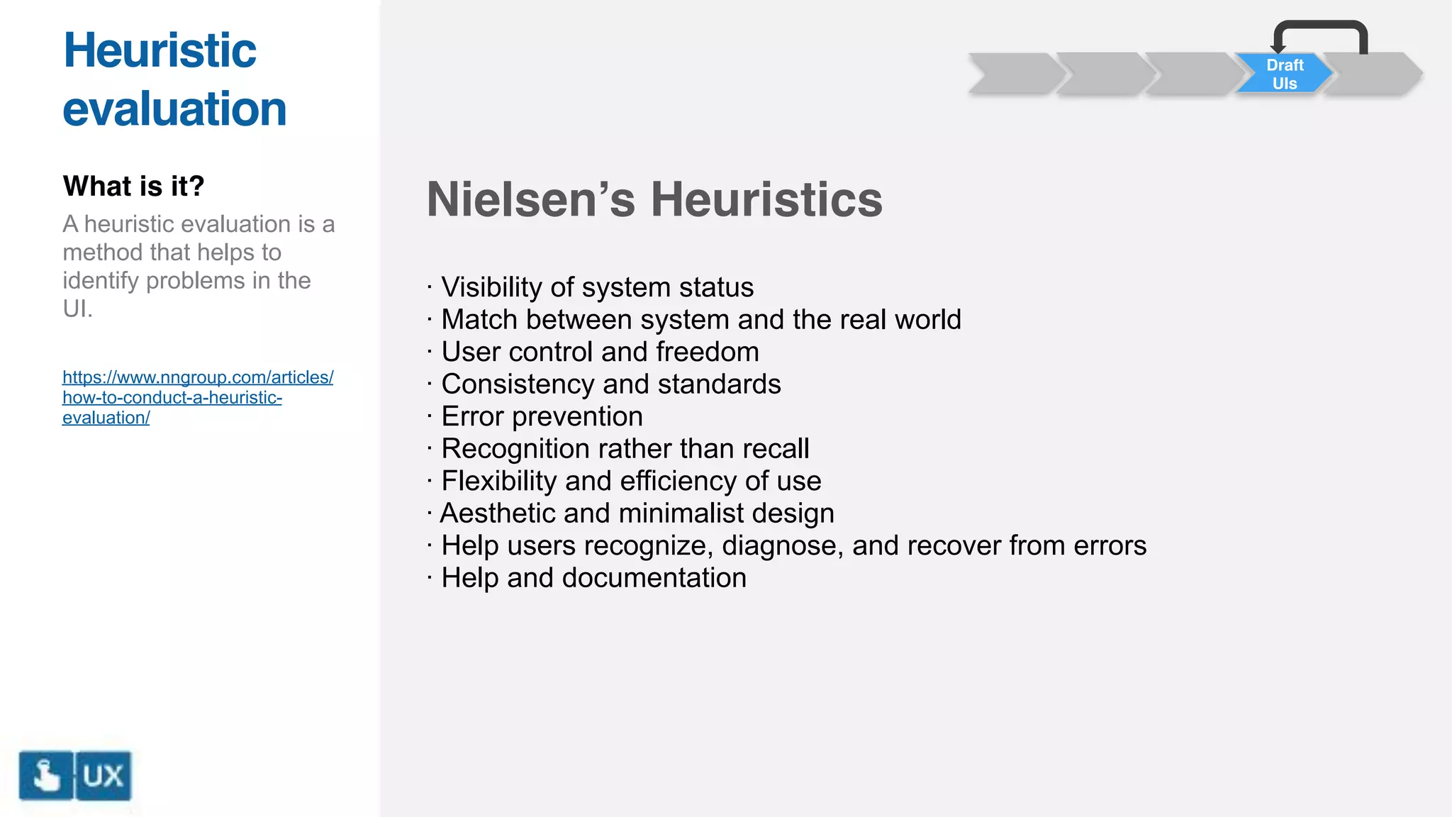 Nielsen’s Heuristics
· Visibility of system status
· Match between system and the real world
· User control and freedom
· Consistency and standards
· Error prevention
· Recognition rather than recall
· Flexibility and efficiency of use 
· Aesthetic and minimalist design
· Help users recognize, diagnose, and recover from errors
· Help and documentation
Draft
UIs
Heuristic
evaluation
What is it?
A heuristic evaluation is a
method that helps to
identify problems in the
UI.
https://www.nngroup.com/articles/
how-to-conduct-a-heuristic-
evaluation/
 