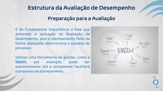 Estrutura da Avaliação de Desempenho
Preparação para a Avaliação
É de fundamental importância a fase que
antecede a aplicação da Avaliação de
Desempenho, pois o planejamento feito da
forma adequada determinará o sucesso do
processo.
Utilizar uma ferramenta de gestão, como o
5W2H, por exemplo, pode ser
extremamente útil e certamente facilitará
o processo de planejamento.
 