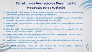 Estrutura da Avaliação de Desempenho
Preparação para a Avaliação
1) Who (Quem) – Será avaliado? Serão os responsáveis? Pela elaboração da Avaliação de
Desempenho, pelo processo, pela aplicação, pelo feedback, ...?
2) When (Quando) – Serão aplicados os questionários de avaliação? Montar um calendário
de acordo com a disponibilidade dos envolvidos é imprescindível!
3) What (O quê) - Será avaliado? Ou seja, quais aspectos técnicos, comportamentais serão
avaliados?
4) Why (Por quê) – Será avaliado? Qual o motivo da avaliação de Desempenho? Por que
avaliar o funcionário? A equipe? O gestor?
5) When (Onde) – Será aplicado o processo de Avaliação de Desempenho? Sala de reunião?
Para funcionários operacionais, será em campo?
6) How (Como) – Será a aplicação do processo? De forma eletrônica? Formulário impresso?
Será utilizado um software para isto?
7) How Much (Quanto) - Custa (R$) este processo de avaliação para a empresa?
Principalmente, mas não somente, os valores tangíveis.
 