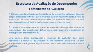 Estrutura da Avaliação de Desempenho
Fechamento da Avaliação
A última etapa da aplicação da Avaliação de Desempenho, vai coroar todas as
etapas anteriores e afirmar que a empresa estará no caminho certo. É hora de
analisar as respostas, avaliar os resultados, dar e receber feedback, preparar
as ações posteriores, para fechar o processo com chave de ouro!
É o melhor momento para se tratar as eventuais divergências, alinhar as
expectativas dos envolvidos, definir correções, ajustes e estabelecer as
metas para os próximos meses.
Uma postura ética, profissional e imparcial do avaliador, bem como
desarmada e receptiva do avaliado, é um momento único que, se bem
aproveitado, trará ganhos significativos para todos, principalmente para a
empresa.
 