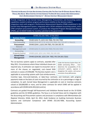 ©	
  2015	
  Niwot	
  Ridge	
  Consulting,	
  L.L.C.,	
  4347	
  Pebble	
  Beach	
  Drive,	
  Longmont,	
  Colorado	
  303.241.9633,	
  glen.alleman@niwotridge.com	
  
Under	
  the	
  Business	
  System	
  Rule,	
  the	
  
DCMA	
   contracting	
   officer	
   …	
   must	
  
determine	
   the	
   acceptability	
   of	
   the	
  
contractor’s	
   systems,	
   approve	
   or	
  
disapprove	
   the	
   system,	
   and	
   pursue	
  
correction	
  of	
  any	
  deficiencies.	
  
❺ 	
  –	
  SIX	
  BU SIN ESS	
  SYSTEM 	
  RU LE	
  
‘CONTRACTOR	
  BUSINESS	
  SYSTEMS	
  AND	
  INTERNAL	
  CONTROLS	
  ARE	
  THE	
  FIRST	
  LINE	
  OF	
  DEFENSE	
  AGAINST	
  WASTE,	
  
FRAUD,	
  AND	
  ABUSE.	
  WEAK	
  CONTROL	
  SYSTEMS	
  INCREASE	
  THE	
  RISK	
  OF	
  UNALLOWABLE	
  AND	
  UNREASONABLE	
  
COSTS	
  ON	
  GOVERNMENT	
  CONTRACTS’	
  –	
  DEFENCE	
  CONTRACT	
  MANAGEMENT	
  AGENCY	
  
Provide	
   integration	
   of	
   the	
   Earned	
   Value	
   Management,	
   Procurement,	
   and	
   Accounting	
   system	
  
capabilities	
  needed	
  to	
  deliver	
  program	
  performance	
  visibility	
  to	
  the	
  decision	
  makers.	
  	
  
Integration	
  starts	
  with	
  program’s	
  Performance	
  Measurement	
  Baseline	
  (PMB)	
  established	
  in	
  the	
  
Earned	
  Value	
  Management	
  System,	
  integrated	
  with	
  a	
  DCAA	
  validated	
  accounting	
  system,	
  and	
  a	
  
CPSR	
  compliant	
  procurement	
  system,	
  to	
  produce	
  the	
  Integrated	
  Program	
  Management	
  Report	
  
(IPMR),	
  per	
  DI-­‐MGMT-­‐81861	
  for	
  monthly	
  submittal	
  to	
  the	
  government.	
  
	
  
DFARS	
  252.242-­‐7005,	
  12	
  Feb	
  2012	
  	
  
Business	
  System	
   Guidance	
  
Accounting	
   DFARS	
  §242.75,	
  §252.242-­‐7006,	
  PGI	
  242.7502	
  
Cost	
  Estimating	
   DFARS	
  §215.407-­‐5-­‐70,	
  §252.215-­‐7002,	
  PGI,	
  215.407-­‐5-­‐70(e)(3)	
  
Procurement	
   DFARS	
  §244.1,	
  §252.244-­‐7001,	
  PGI	
  244.305-­‐70	
  
Material	
  
Management	
  and	
  
Accounting	
  
DFARS	
  §242.72,	
  §252.242-­‐7004,	
  PGI	
  242.7203	
  
Property	
  Control	
   DFARS	
  §245,	
  §252.245-­‐7003,	
  PGI	
  245.105	
  
Earned	
  Value	
  
Management	
  
DFARS	
  §234.001,	
  §252.234-­‐	
  7002,	
  PGI	
  234.201	
  (7)(iii)	
  
The	
  six	
  business	
  systems	
  apply	
  to	
  contracts,	
  awarded	
  after	
  
May	
  2011.	
  Circumstances	
  where	
  these	
  individual	
  clauses	
  are	
  
required	
  vary.	
  A	
  contractor	
  can	
  expect	
  to	
  encounter	
  one	
  or	
  
more	
   of	
   the	
   clauses	
   on	
   negotiated,	
   cost—based	
   DOD	
  
contracts	
  in	
  excess	
  of	
  $700,000.	
  The	
  Business	
  System	
  rule	
  is	
  
applicable	
  to	
  accounting	
  systems	
  with	
  Cost-­‐reimbursement,	
  
incentive	
   type,	
   time-­‐and-­‐materials,	
   or	
   labor-­‐hour	
   contracts;	
   and	
   Contracts	
   with	
   progress	
  
payments	
  made	
  on	
  the	
  basis	
  of	
  costs	
  incurred	
  by	
  the	
  contractor	
  or	
  on	
  a	
  percentage	
  or	
  stage	
  of	
  
completion.	
   As	
   well,	
   Earned	
   Value	
   Management	
   is	
   applicable	
   on	
   cost	
   or	
   incentive	
   contracts	
  
valued	
   at	
   $20,000,000	
   or	
   more,	
   and	
   for	
   other	
   contracts	
   for	
   which	
   EVMS	
   will	
   be	
   applied	
   in	
  
accordance	
  with	
  DFARS	
  §234.201(1)(iii)	
  and	
  (iv).	
  
Contracts	
  are	
  guided	
  through	
  Self-­‐Assessment	
  and	
  Validation	
  Review	
  based	
  on	
  the	
  19	
  DCAA	
  
guidelines	
  and	
  the	
  32	
  DCMA	
  guidelines.	
  The	
  focus	
  is	
  on	
  Earned	
  Value	
  and	
  its	
  integration	
  with	
  
the	
  Accounting	
  and	
  Procurement	
  systems	
  and	
  processes	
  in	
  compliance	
  with	
  Memorandum	
  for	
  
Regional	
   Directors,	
   DCAA,	
   April	
   24,	
   2012;	
   Audit	
   Guidance	
   on	
   Auditing	
   Contractor	
   Business	
  
Systems	
   and	
   Contractor	
   Compliance	
   with	
   DFARS	
   252.242-­‐7006,	
   Accounting	
   System	
  
Administration.	
  	
   	
  
 
