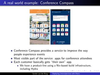 A real world example: Conference Compass
Conference Compass provides a service to improve the way
people experience events
Most visible part of the service: apps for conference attendees
Each customer basically gets “their own” app.
We have a product-line using a Nix-based build infrastructure,
including Hydra
Sander van der Burg Deploying (micro)services with Disnix
 