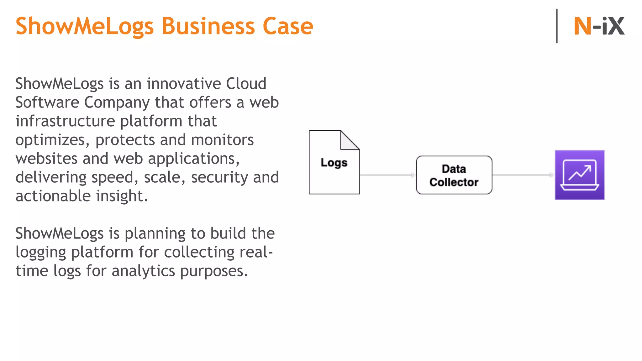 ShowMeLogs Business Case
ShowMeLogs is an innovative Cloud
Software Company that offers a web
infrastructure platform that
optimizes, protects and monitors
websites and web applications,
delivering speed, scale, security and
actionable insight.
ShowMeLogs is planning to build the
logging platform for collecting real-
time logs for analytics purposes. 
 