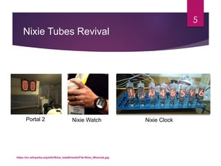 Nixie Tubes Revival
5
https://en.wikipedia.org/wiki/Nixie_tube#/media/File:Nixie_Wozniak.jpg
Nixie Watch Nixie ClockPortal 2
 
