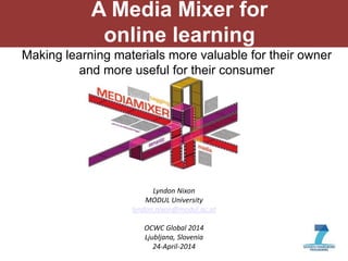 1
A Media Mixer for
online learning
Lyndon Nixon
MODUL University
lyndon.nixon@modul.ac.at
OCWC Global 2014
Ljubljana, Slovenia
24-April-2014
Making learning materials more valuable for their owner
and more useful for their consumer
 
