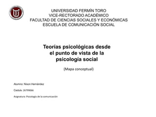UNIVERSIDAD FERMÍN TORO
VICE-RECTORADO ACADÉMICO
FACULTAD DE CIENCIAS SOCIALES Y ECONÓMICAS
ESCUELA DE COMUNICACIÓN SOCIAL
Teorías psicológicas desde
el punto de vista de la
psicología social
(Mapa conceptual)
Alumno: Nixon Hernández
Cedula: 26799066
Asignatura: Psicología de la comunicación
 