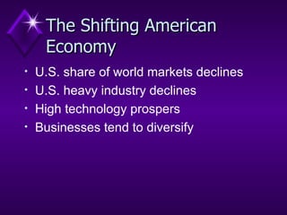 The Shifting American Economy U.S. share of world markets declines U.S. heavy industry declines High technology prospers Businesses tend to diversify 