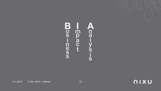 Bu
s
i
n
e
s
s
Im
p
a
c
t
An
a
l
y
s
i
s
5.11.2015 © Nixu 2015 - Julkinen 22
 