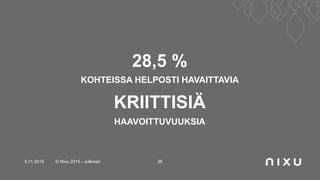 28,5 %
KOHTEISSA HELPOSTI HAVAITTAVIA
KRIITTISIÄ
HAAVOITTUVUUKSIA
5.11.2015 © Nixu 2015 - Julkinen 25
 