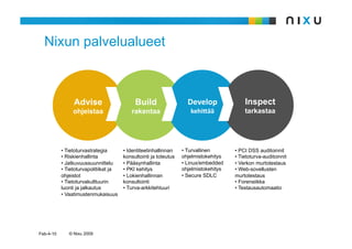 Nixun palvelualueet



                Advise                       Build                   Develop              Inspect
                ohjeistaa                  rakentaa                   kehi+ää             tarkastaa




           •  Tietoturvastrategia       •  Identiteetinhallinnan   •  Turvallinen      •  PCI DSS auditoinnit
           •  Riskienhallinta           konsultointi ja toteutus   ohjelmistokehitys   •  Tietoturva-auditoinnit
           •  Jatkuvuussuunnittelu      •  Pääsynhallinta          •  Linux/embedded   •  Verkon murtotestaus
           •  Tietoturvapolitiikat ja   •  PKI kehitys             ohjelmistokehitys   •  Web-sovellusten
           ohjeistot                    •  Lokienhallinnan         •  Secure SDLC      murtotestaus
           •  Tietoturvakulttuurin      konsultointi                                   •  Forensiikka
           luonti ja jalkautus          •  Turva-arkkitehtuuri                         •  Testausautomaatio
           •  Vaatimustenmukaisuus




Feb-4-10      © Nixu 2009
 