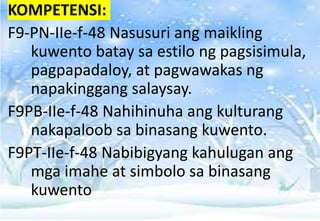 KOMPETENSI:
F9-PN-IIe-f-48 Nasusuri ang maikling
kuwento batay sa estilo ng pagsisimula,
pagpapadaloy, at pagwawakas ng
napakinggang salaysay.
F9PB-IIe-f-48 Nahihinuha ang kulturang
nakapaloob sa binasang kuwento.
F9PT-IIe-f-48 Nabibigyang kahulugan ang
mga imahe at simbolo sa binasang
kuwento
 
