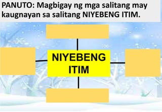 PANUTO: Magbigay ng mga salitang may
kaugnayan sa salitang NIYEBENG ITIM.
NIYEBENG
ITIM
 