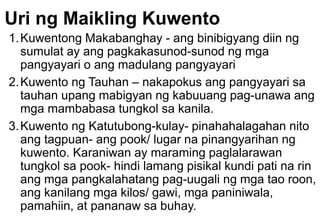 Uri ng Maikling Kuwento
1.Kuwentong Makabanghay - ang binibigyang diin ng
sumulat ay ang pagkakasunod-sunod ng mga
pangyayari o ang madulang pangyayari
2.Kuwento ng Tauhan – nakapokus ang pangyayari sa
tauhan upang mabigyan ng kabuuang pag-unawa ang
mga mambabasa tungkol sa kanila.
3.Kuwento ng Katutubong-kulay- pinahahalagahan nito
ang tagpuan- ang pook/ lugar na pinangyarihan ng
kuwento. Karaniwan ay maraming paglalarawan
tungkol sa pook- hindi lamang pisikal kundi pati na rin
ang mga pangkalahatang pag-uugali ng mga tao roon,
ang kanilang mga kilos/ gawi, mga paniniwala,
pamahiin, at pananaw sa buhay.
 
