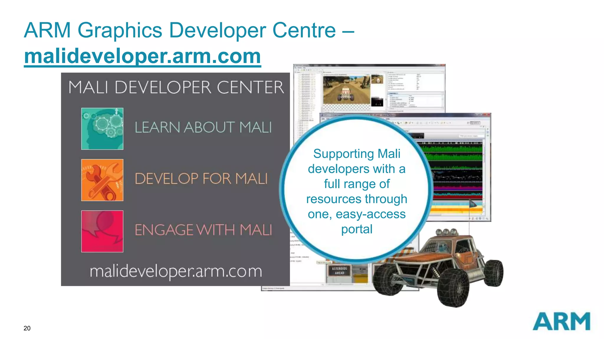 20
ARM Graphics Developer Centre –
malideveloper.arm.com
Supporting Mali
developers with a
full range of
resources through
one, easy-access
portal
 