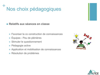 +
Nos choix pédagogiques
 Relatifs aux séances en classe
 Favoriser la co construction de connaissances
 Équipes - Peu de plénières
 Stimuler le questionnement
 Pédagogie active
 Application et mobilisation de connaissances
 Résolution de problèmes
 