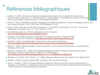 +
Références bibliographiques
 Galichet, F. (2007). Concepts de base pour l’enseignement en ligne. Vers une approche constructiviste
de la formation à distance. In J.-C. Mandersheid & C. Jeunesse (Eds.), L’enseignement en ligne, à l’université
et dans les formations professionnelles, 21-53. Bruxelles: De Boeck.
 Harris, D. (2011). Presentation software: Pedagogical constraints and potential. Journal of Hospitality, Leisure, Sport
and Tourism Education, 10(1), 72-84. DOI: 10.3794/johlste.101.339.
 Henri, F. (2001). Des cours sur le web à l’université. In T. Karsenti & F. Larose (Eds.), Les TIC... au coeur des
pédagogies universitaires. (pp. 117– 142). Sainte-Foy: PUQ.
 Innovationseducation.org. (2013) La pédagogie inversée. Repéré à
http://innovationseducation.ca/la-pedagogie-inversee/
 Jonassen, D.H. (1998). Computers as Mindtools for Engaging Learners in Critical Thinking.
TechTrends, 43(2), 24-32. Repéré à http://tiger.coe.missouri.edu/jonassen/Mindtools.pdf
 Knudson, H (2011). See What I Mean: Using Prezi for Non-Linear Presentations.
http://cft.vanderbilt.edu/2011/03/see-what-i-mean-using-prezi-for-non-linear-presentations/
 Kreber, C. (2002). Teaching excellence, teaching expertise, and the scholarship of teaching. Innovative Higher
Education, 27(1), 5-23.
 Mishra, P. & Koehler, M. J. (2006). Technological pedagogical content knowledge: A framework for teacher
knowledge. Teachers College Record, 108(6), 1017-1054. Repéré à
http://citeseerx.ist.psu.edu/viewdoc/download?doi=10.1.1.91.7990&rep=rep1&type=pdf
 Morrison, G. R., Ross, S. M., & Kemp, J. E. (2004). Designing effective instruction. Hoboken, NJ: Wiley & Sons.
 Mueller, J. (2009). Assessing Critical Skills. Columbus, Ohio: Linworth Publishing.
 Nizet, I., et Meyer, F. (2014). A Flipped Classroom Design for Preservice Teacher Training in Assessment. In J.
Keengwe, G. Onchwari, et J. Oigara (Eds.) Promoting Active Learning Through the Flipped Classroom Model (pp.
71-90). Hershey, PA: Information Science Reference.
 