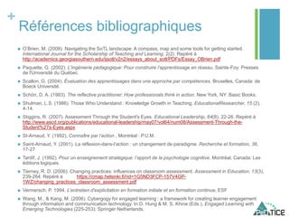 +
Références bibliographiques
 O’Brien, M. (2008). Navigating the SoTL landscape: A compass, map and some tools for getting started.
International Journal for the Scholarship of Teaching and Learning, 2(2). Repéré à
http://academics.georgiasouthern.edu/ijsotl/v2n2/essays_about_sotl/PDFs/Essay_OBrien.pdf
 Paquette, G. (2002). L'ingénierie pédagogique: Pour construire l'apprentissage en réseau. Sainte-Foy: Presses
de l'Université du Québec.
 Scallon, G. (2004). Évaluation des apprentissages dans une approche par compétences. Bruxelles, Canada: de
Boeck Université.
 Schön, D. A. (1983). The reflective practitioner: How professionals think in action. New York, NY: Basic Books.
 Shulman, L.S. (1986). Those Who Understand : Knowledge Growth in Teaching. EducationalResearcher, 15 (2),
4-14.
 Stiggins, R. (2007). Assessment Through the Student's Eyes. Educational Leadership, 64(8), 22-26. Repéré à
http://www.ascd.org/publications/educational-leadership/may07/vol64/num08/Assessment-Through-the-
Student%27s-Eyes.aspx
 St-Arnaud, Y. (1992), Connaître par l’action , Montréal : P.U.M.
 Saint-Arnaud, Y. (2001). La réflexion-dans-l’action : un changement de paradigme. Recherche et formation, 36,
17-27
 Tardif, J. (1992). Pour un enseignement stratégique: l’apport de la psychologie cognitive. Montréal, Canada: Les
éditions logiques.
 Tierney, R. D. (2006). Changing practices: influences on classroom assessment. Assessment in Education, 13(3),
239-264. Repéré à https://cmap.helsinki.fi/rid=1G5ND3FCP-157V4GP-
1WZ/changing_practices_classroom_assessment.pdf
 Vermersch, P. 1994. L'entretien d'explicitation en formation initiale et en formation continue, ESF
 Wang, M., & Kang, M. (2006). Cybergogy for engaged learning : a framework for creating learner engagement
through information and communication technology. In D. Hung & M. S. Khine (Eds.), Engaged Learning with
Emerging Technologies (225-253): Springer Netherlands.
 