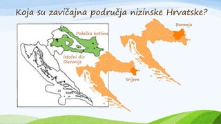 Koja su zavičajna područja nizinske Hrvatske?
Baranja
Istočni dio
Slavonije
Srijem
Požeška kotlina
 
