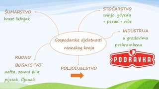 Gospodarske djelatnosti
nizinskog kraja
STOČARSTVO
ŠUMARSTVO
RUDNO
BOGATSTVO
POLJODJELSTVO
INDUSTRIJA
hrast lužnjak
svinje, goveda
+ perad + ribe
u gradovima
prehrambena
nafta, zemni plin
pijesak, šljunak
 