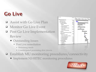 Assist with Go Live Plan Monitor Go Live Event Post Go Live Implementation  Review Outstanding Issues Post Live remediation Retraining needs Unanticipated processing slow downs  Establish MU monitoring procedures/connectivity Implement NJ-HITEC monitoring procedures 