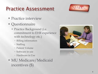 Practice interview Questionnaire Practice Background (i.e. commitment to EHR experience  with technology etc.) Billing information Staffing Patient Volume Software in use  Hardware in Use MU Medicare/Medicaid incentives ($) 