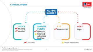 11 www.njpms.in
Portfolio Management Services
For private circulation only. This presentation contains 51 slides
and must be viewed in its entirety.
NJ PMS PLATFORM
NJ PMS
BASKET
STOCK
Bluechip
Multicap
MUTUAL
FUNDS
Freedom
Balanced
Advantage
Portfolio
ETF
Freedom ETF
DEBT
Liquid
Dynamic Asset allocation
100% Equity
 