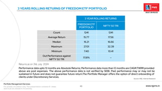 40 www.njpms.in
Portfolio Management Services
For private circulation only. This presentation contains 51 slides
and must be viewed in its entirety.
3 YEARS ROLLING RETURNS OF FREEDOM ETF PORTFOLIO
3 YEAR ROLLING RETURNS
FREEDOM ETF
PORTFOLIO
NIFTY 50 TRI
Count 1241 1241
Average Return 15.77 17.56
Median 16.21 16.66
Maximum 27.01 32.39
Minimum 7.40 10.41
Out Performance against
NIFTY 50 TRI
17.81% -
Returns as on 31st July 2024
Performance data upto 12 months are Absolute Returns; Performance data more than 12 months are CAGR.TWRR provided
above are post expenses. The above performance data is not verified by SEBI. Past performance may or may not be
sustained in future and does not guarantee future return.The Portfolio Manager offers the option of direct onboarding of
clients under Discretionary Services.
Source: NSE, Internal Research
 