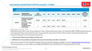 45 www.njpms.in
Portfolio Management Services
For private circulation only. This presentation contains 51 slides
and must be viewed in its entirety.
NJ Asset Management Private Limited
(SEBI Registration No. PM/INP000003518)
TWRR Returns (%)
STRATEGY
INVESTMENT
APPROACH NAME
AUM
(IN INR CR)
1 M 3M 6M 1YR 2YRS 3YRS 4YRS 5YRS
SINCE
INCEPTION
(December 1
,2021)
Hybrid
Balanced Advantage
Portfolio - Hybrid
Strategy 181.62 3.84 7.97 13.11 26.77 19.62 - - - 14.09
Benchmark : Nifty
50 Hybrid
Composite Debt
50:50 Index ** 2.43 6.88 10.01 17.73 14.80 - - - 11.17
BALANCED ADVANTAGE PORTFOLIO (BAP) (TWRR)
Returns as on 31st July 2024
Past performance may or may not be sustained in future. Above performance data is not verified by SEBI. TWRR provided above are
post expenses.Please note that performance of your portfolio may vary from that of other investors and that generated by the
Investment Approach across all investors because of
● The timing of inflows and outflows of funds; and
● Differences in the portfolio composition because of restrictions and other constraints.
Performance relative to other Portfolio Managers within the selected strategy is available on the link 'https://tinyurl.com/mr3ucm2v' .
The above disclosure is as per SEBI circular SEBI/HO/IMD/IMD-PoD-2/P/CIR/2022/172 dated December 16, 2022.
 
