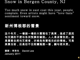 Snow in Bergen County, NJ  Too much snow in east coat this year, people complain. Even artists might have “love-hate” sentiment toward snow. 新州博根郡的雪景  这个冬天，一場接一場的大雪落在了美東，造成了居民与交通的不便与各州预算的窘困。人人是谈雪色变。就是喜爱自然与艺術者，亦难免有愛恨交织的情绪。可是美景当前，还是忍不住附庸風雅一番，願与君共赏。 摄影：李泽先  David Lee January 2011 