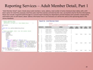Reporting Services – Adult Member Detail, Part 1 “ Adult Member Detail” report. Details about adult members: name, address, total number of active checkouts (loan table), with a drill down option for total fines assessed, total fines paid, total fines waived, and total due (for now- use loanhist only for this fine information). Please also include a hyperlink (drill through) to a second report showing any dependants and that displays each juvenile’s checkout/fine information (also via drill down). (Note: address information here is not necessary as it will be the same as the sponsoring adult in the Library database).  