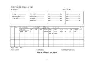103
PHIẾU HOẠCH TOÁN BÀN CẮT.
XÍ NGHIỆP:………….. BÀN CẮT SỐ………
Mã hàng……………..……
Loại nguyên liệu……....…
Cỡ vóc sơ đồ…...………...
Rộng sơ đồ………………....
Khổ vải thực tế:.…………...
Dài sơ đồ: ………………….
Bàn trải vải:………………..
Màu:………………...…lớp
Màu:………………...…lớp
Màu:……………..….…lớp
Màu:…………….…..…lớp
Màu:………….……...…lớp
Màu:……………...….…lớp
Màu:……………………lớp
Màu:………………....…lớp
STT Màu Số đo chiều dài Chênh lệch Tiêu hao Thu h ồi Số
BTPĐ ầu c ây Thực
tế
Thừa Thiếu Số lớp
trải vải
Tiêu
hao
thực tế
Đến
0.99
(mét)
1-2.99
(mét)
3 tr ở l
ên
Tổng
số
Nguyên
câyYards m ét
Ngày.…tháng….năm…
PHÒNG CẮT NGƯỜI TRẢI NGƯỜI LẬP KẾ HOẠH
Bảng 24: Phiếu hoach toán bàn cắt
 