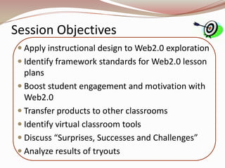 Session Objectives
  Apply instructional design to Web2.0 exploration
  Identify framework standards for Web2.0 lesson
   plans
  Boost student engagement and motivation with
   Web2.0
  Transfer products to other classrooms
  Identify virtual classroom tools
  Discuss “Surprises, Successes and Challenges”
  Analyze results of tryouts
 