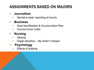ASSIGNMENTS BASED ON MAJORS
 Journalism
 Narrative style: reporting of events
 Business
 Goal Identification & Course Action Plan
 Course Cover Letter
 Nursing
 Obesity
 Organ donation – My Sister’s Keeper
 Psychology
 Effects of bullying
 