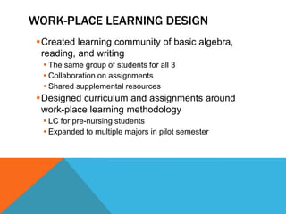 WORK-PLACE LEARNING DESIGN
Created learning community of basic algebra,
reading, and writing
 The same group of students for all 3
 Collaboration on assignments
 Shared supplemental resources
Designed curriculum and assignments around
work-place learning methodology
 LC for pre-nursing students
 Expanded to multiple majors in pilot semester
 