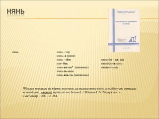 нянь                          нянь - тор
                              нянь- а (няня)
                              нянь - тöм                    няньтöм – ав- ны
                              нян- öсь                      няньöсь-сь-ыны
                              нянь-ав-ны* (нянявны)         няняв-л-ыны
                              нянь-зь-ыны
                              нянь-ась-ны (нянясьны)



       *Рöмдан веркыдас на вöрзис кельчиыс да шедыштавны кутіс, а мыйöн усис пемыдыс
       ва вылöдзыс, нянявліс мукöдлатіыс ботансö. // Юшков Г.А. Рöдвуж пас. -
       Сыктывкар, 1988. – с. 284.
 