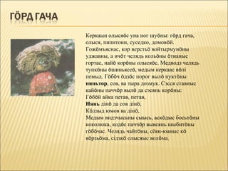 Керкаын олысяöс уна ног шуöны: гöрд гача,
олыся, пипитоин, суседко, домовöй.
Гожöмъяснас, кор верстьö войтырмунöны
уджавны, а ичöт челядь кольöны öтнаныс
гортас, найö корöны олысяöс. Медводз челядь
тупкöны öшиньяссö, медым керкаас вöлі
пемыд. Гöбöч öдзöс порог вылö пуктöны
няньтор, сов, ва тыра дозмук. Сэсся ставныс
кайöны паччöр вылö да сэсянь корöны:
Гöбöй айка петав, петав,
Нянь дінö да сов дінö,
Кöдзыд юмов ва дінö,
Медым видзчысьны сыысь, аскöдыс босьтöны
коколюка, кодöс паччöр вывсянь шыбитöны
гöбöчас. Челядь чайтöны, сёян-юаныс кö
вöрзьöма, сідзкö олысяыс волöма.
 