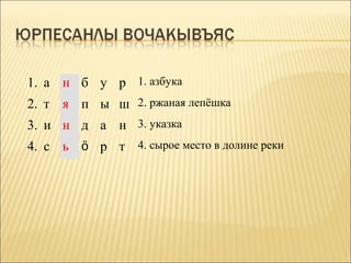 1. а н б у р 1. азбука
2. т я п ы ш 2. ржаная лепёшка
3. и н д а н 3. указка
4. с ь ö р т 4. сырое место в долине реки
 