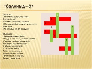 Сувтса ног:                                          1
1.Коми гижысьлöн, Игö Васьö
Володьлöн, ов?                               1
2.Лыдтöм – тшöттöм, ваö вöйö.
3.Ыджыд кынöма ань уна – уна вöньöн      2
вöнясьöма.                                   2                   3
4.Сё синма, а нинöм оз аддзы.
                                         3
Вомöн ног:
1.Быд керкаын кос сöчöн.                         4
2.Бордъя, а оз лэбав, коктöм, а ветлö.
                                                             4
3.Тшöкыд- тшöкыд вöр сулалö,
А вöлыдлы ньöртö он босьт.
4. Абу ловъя, а лолалö.
5. Олö-вылö лэбын,                                       5
Лэбын вылын шомыс,
Шомыс вылын трубича,
Трубича вылын кашник,
Кашник сизим розя.
 