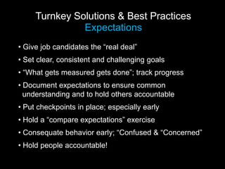 Turnkey Solutions & Best Practices
Expectations
• Give job candidates the “real deal”
• Set clear, consistent and challenging goals
• “What gets measured gets done”; track progress
• Document expectations to ensure common
understanding and to hold others accountable
• Put checkpoints in place; especially early
• Hold a “compare expectations” exercise
• Consequate behavior early; “Confused & “Concerned”
• Hold people accountable!
 