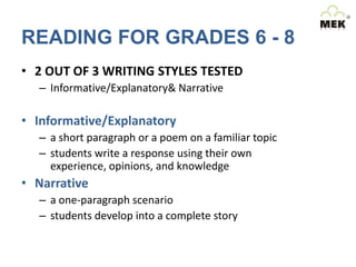READING FOR GRADES 6 - 8
• 2 OUT OF 3 WRITING STYLES TESTED
– Informative/Explanatory& Narrative

• Informative/Explanatory
– a short paragraph or a poem on a familiar topic
– students write a response using their own
experience, opinions, and knowledge

• Narrative
– a one-paragraph scenario
– students develop into a complete story

 