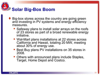 Solar Big-Box Boom Big-box stores across the country are going green and investing in PV systems and energy efficiency measures. Safeway plans to install solar arrays on the roofs of 23 stores as part of a broad renewable energy initiative.  Wal-Mart plans installations at 22 stores across California and Hawaii, totaling 20 MW, meeting about 30% of energy use. Best Buy plans PV installations on 35 stores in 2008. Others with announced plans include Staples, Target, Home Depot and Costco. 