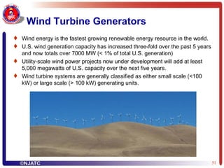 Wind Turbine Generators Wind energy is the fastest growing renewable energy resource in the world.  U.S. wind generation capacity has increased three-fold over the past 5 years and now totals over 7000 MW (< 1% of total U.S. generation)  Utility-scale wind power projects now under development will add at least 5,000 megawatts of U.S. capacity over the next five years. Wind turbine systems are generally classified as either small scale (<100 kW) or large scale (> 100 kW) generating units. 