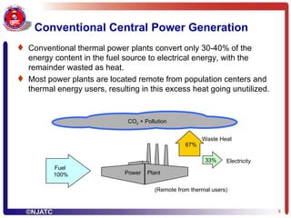 Conventional Central Power Generation Conventional thermal power plants convert only 30-40% of the energy content in the fuel source to electrical energy, with the remainder wasted as heat.  Most power plants are located remote from population centers and thermal energy users, resulting in this excess heat going unutilized. Electricity 33% Fuel  100% 67% Waste Heat CO 2  + Pollution Power  Plant  (Remote from thermal users) 