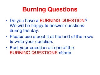Burning Questions
• Do you have a BURNING QUESTION?
  We will be happy to answer questions
  during the day.
• Please use a post-it at the end of the rows
  to write your question.
• Post your question on one of the
  BURNING QUESTIONS charts.
 