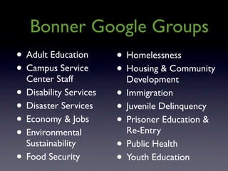 Bonner Google Groups
• Adult Education       • Homelessness
• Campus Service        • Housing & Community
  Center Staff            Development
• Disability Services   • Immigration
• Disaster Services     • Juvenile Delinquency
• Economy & Jobs        • Prisoner Education &
• Environmental           Re-Entry
  Sustainability        • Public Health
• Food Security         • Youth Education
 