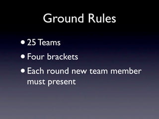 Ground Rules
• 25 Teams
• Four brackets
• Each round new team member
 must present
 