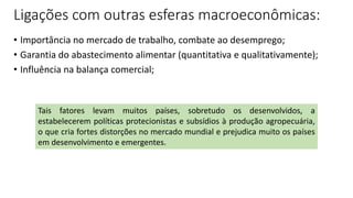 Ligações com outras esferas macroeconômicas:
• Importância no mercado de trabalho, combate ao desemprego;
• Garantia do abastecimento alimentar (quantitativa e qualitativamente);
• Influência na balança comercial;
Tais fatores levam muitos países, sobretudo os desenvolvidos, a
estabelecerem políticas protecionistas e subsídios à produção agropecuária,
o que cria fortes distorções no mercado mundial e prejudica muito os países
em desenvolvimento e emergentes.
 