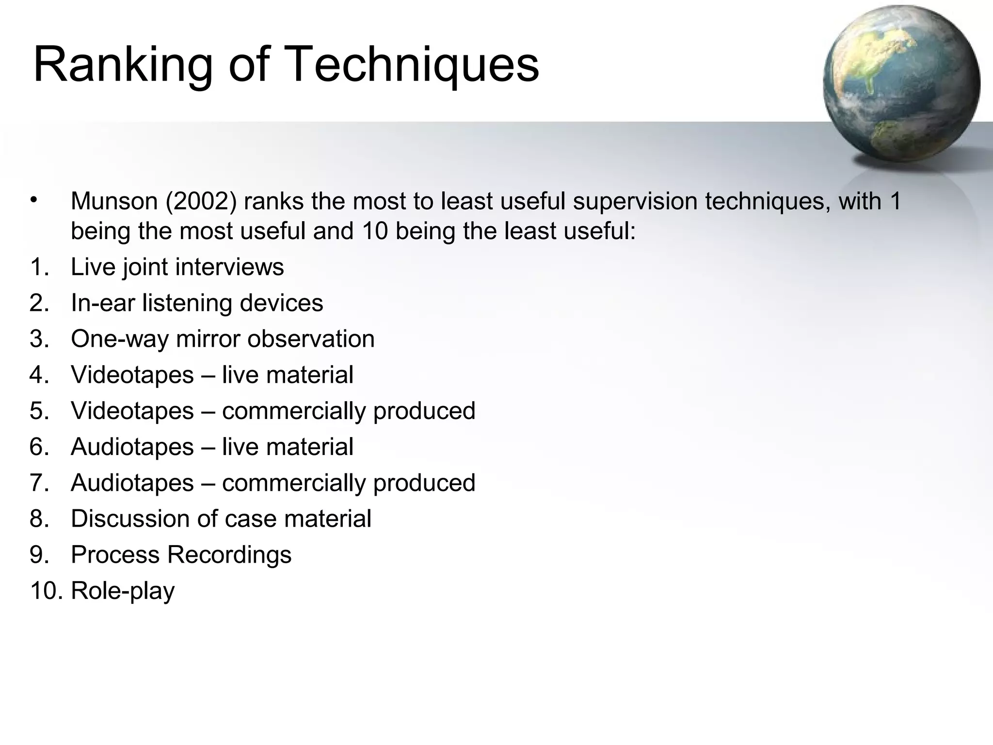 Ranking of Techniques
• Munson (2002) ranks the most to least useful supervision techniques, with 1
being the most useful and 10 being the least useful:
1. Live joint interviews
2. In-ear listening devices
3. One-way mirror observation
4. Videotapes – live material
5. Videotapes – commercially produced
6. Audiotapes – live material
7. Audiotapes – commercially produced
8. Discussion of case material
9. Process Recordings
10. Role-play
 