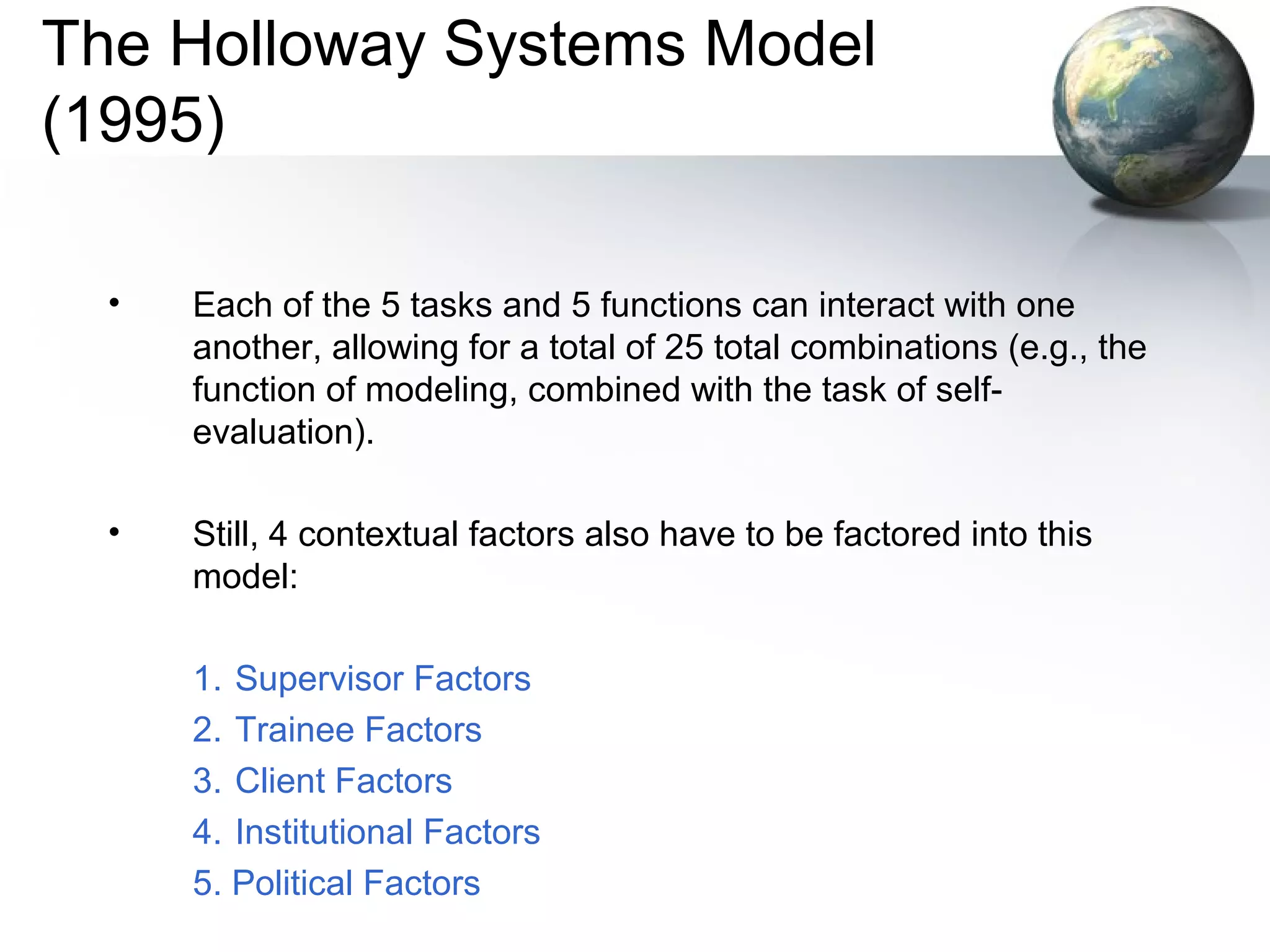 The Holloway Systems Model
(1995)
• Each of the 5 tasks and 5 functions can interact with one
another, allowing for a total of 25 total combinations (e.g., the
function of modeling, combined with the task of self-
evaluation).
• Still, 4 contextual factors also have to be factored into this
model:
1. Supervisor Factors
2. Trainee Factors
3. Client Factors
4. Institutional Factors
5. Political Factors
 