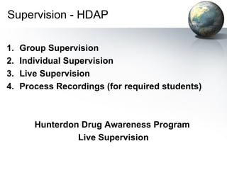 Supervision - HDAP
1. Group Supervision
2. Individual Supervision
3. Live Supervision
4. Process Recordings (for required students)
Hunterdon Drug Awareness Program
Live Supervision
 